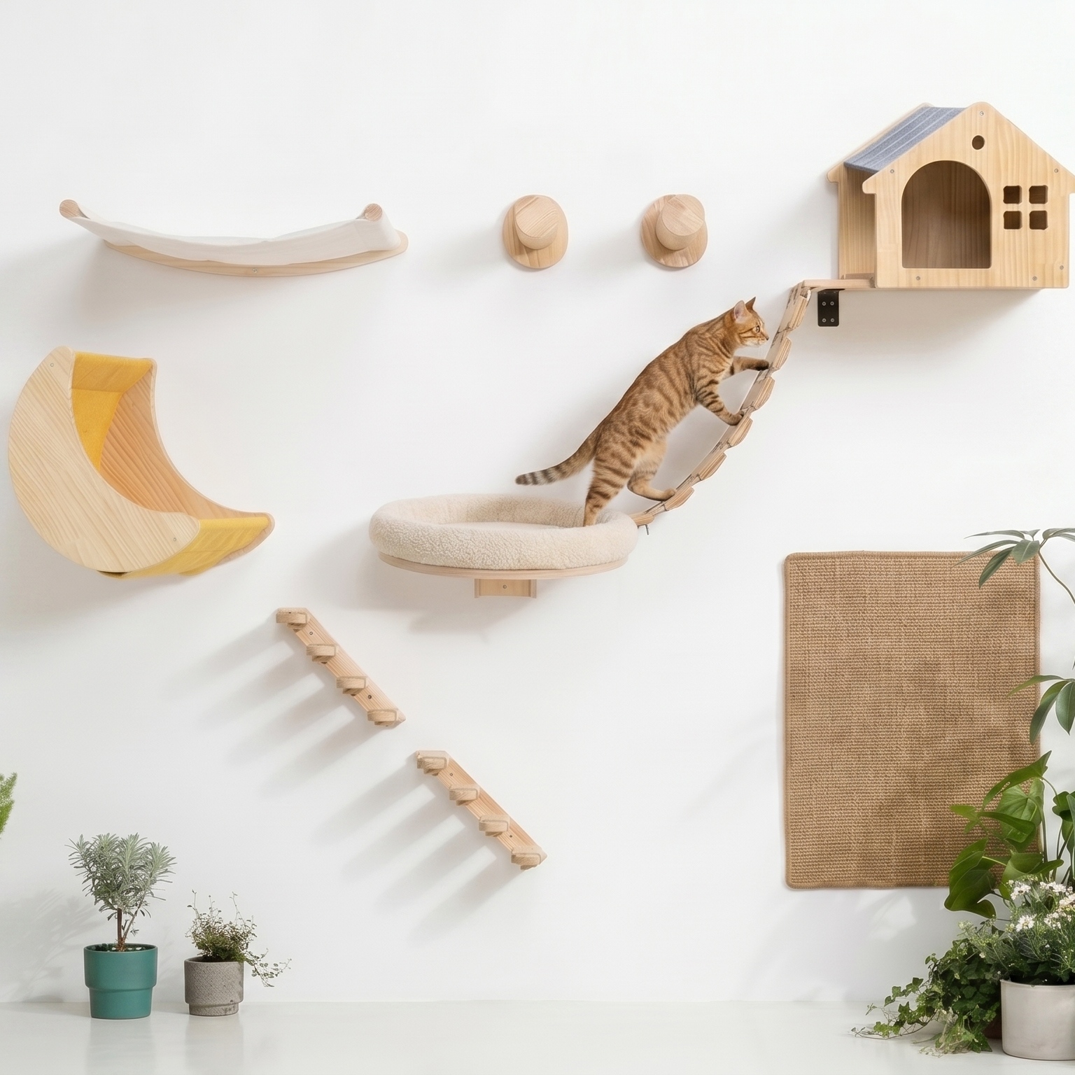 Mural Cat Tree Baptiste – Wall-Mounted Activity Center with Shelves, Hammock, and Scratching Post – Wooden Structure